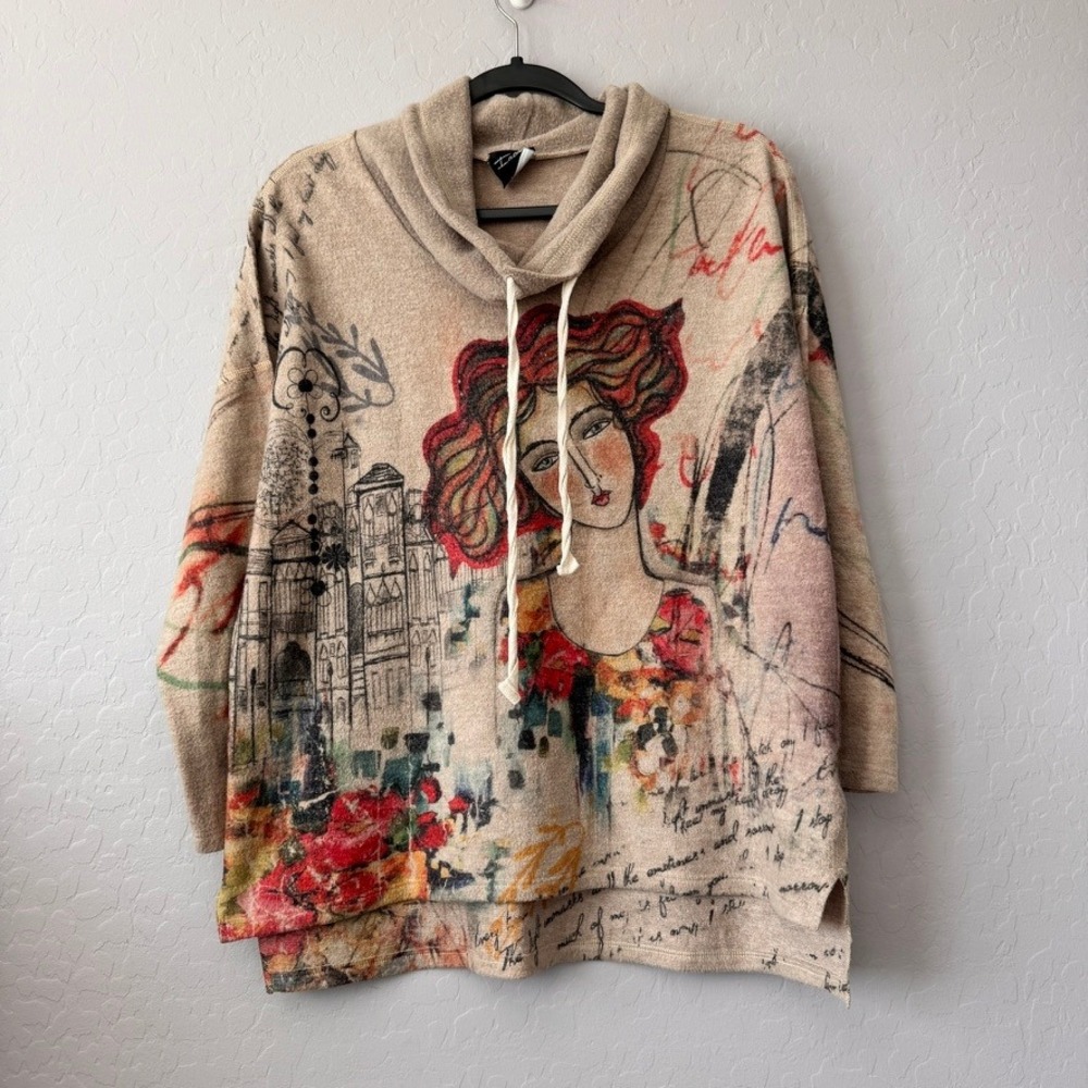 Inoah Medium Tunic Tan Long Sleeve Cowl Neck Art Graphic Portrait Script Sweater